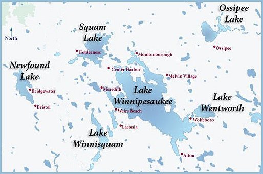 Image shows a map of the lake region in New Hampshire. 